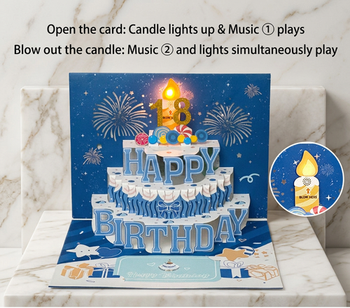 Interactive 3D Pop-Up Musical Birthday Card with Lights & Blow-Out Candle